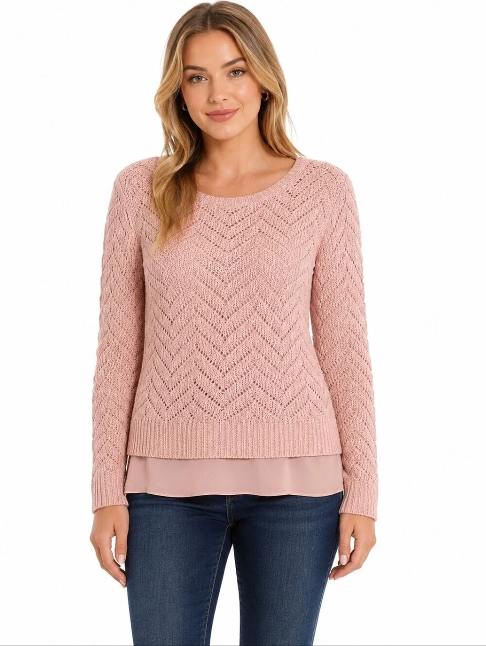 Lucky Brand Women's Crochet Knit Long Sleeve  Sweater Under Cami Size S